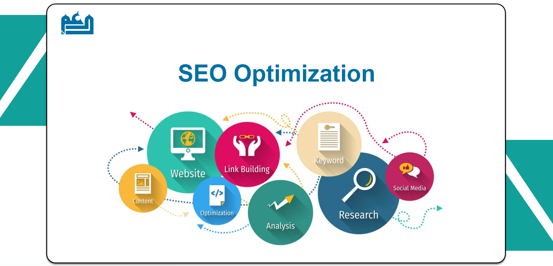 An illustration of a search engine results page with an upward arrow and SEO elements like keywords, gears, and charts, symbolizing SEO optimization strategies.