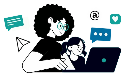 Illustration of two people engaging with digital communication platforms on a laptop, symbolizing Daam Al-Arabia's omnichannel marketing solutions.