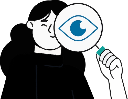 Illustration of a person holding a magnifying glass, symbolizing the ability to create highly specific customer segments