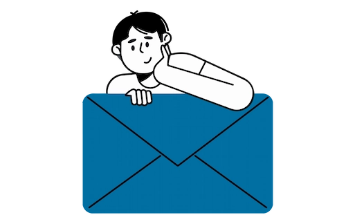 Illustration of a person leaning on an envelope, symbolizing Daam Al-Arabia's personalized communication and campaign management solutions.