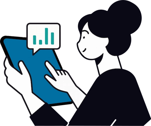 Illustration of a person holding a tablet displaying an up-spiked graph, symbolizing AI predictive segmentation to build loyal customers