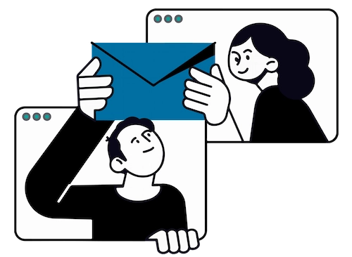 Illustration of two people exchanging mails, symbolizing omnichannel engagement across 12 communication channels