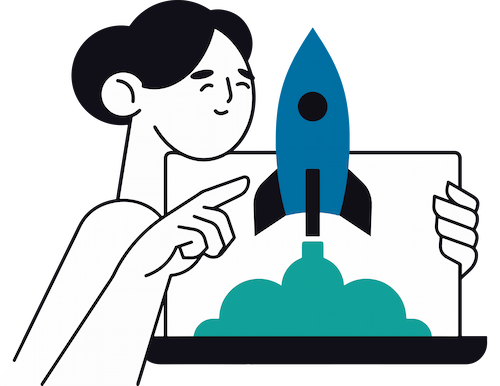 Illustration of a person pointing at a rocket, symbolizing the goal of maximizing Return on Ad Spend (ROAS).