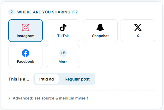 campaign link builder social media options